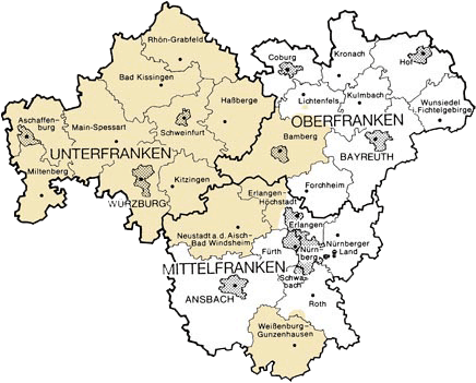 Karte vom ursprünglichen Verbreitungsgebiet des Gelbvieh in Franken